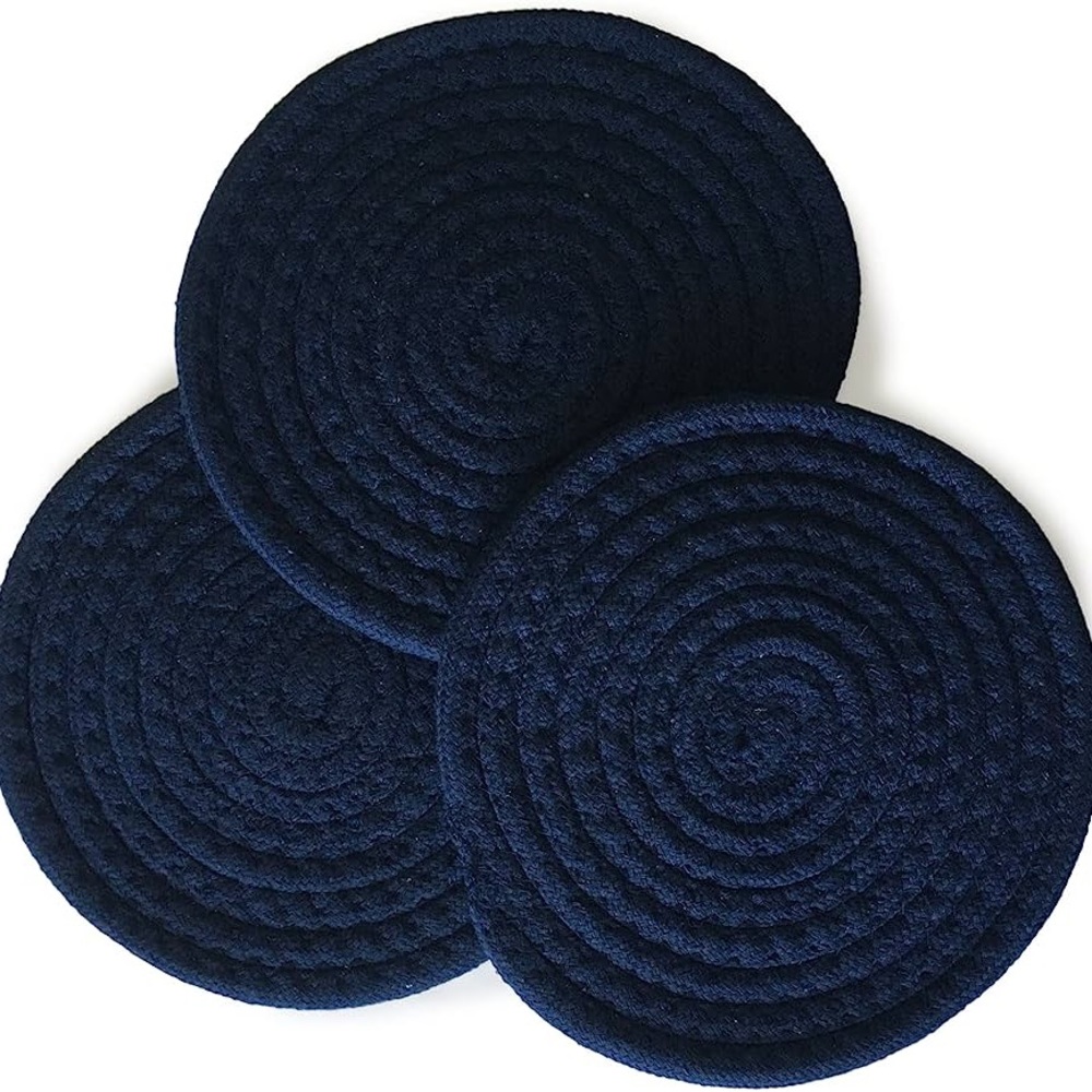 KITCHEN DISCOVERY 8” CHENILLE WOVEN TRIVETS NAVY BLAZER SET OF 3  ROUND NWT